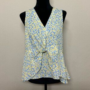 Pleione top women medium vneck sleeveless twist front tank floral yellow & blue